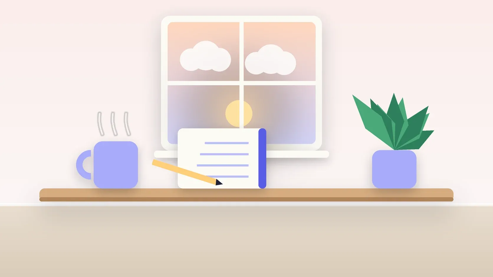 Illustration of morning light rising through a window above a desk with a plant, a notebook and a warm mug