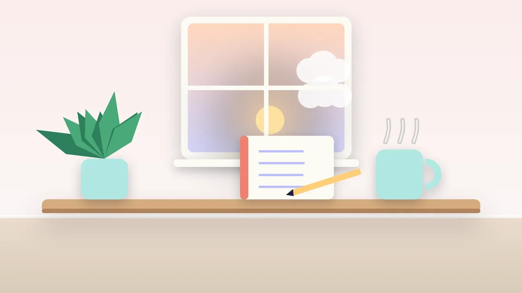 Illustration of morning light rising through a window above a desk with a plant, a notebook and a warm mug