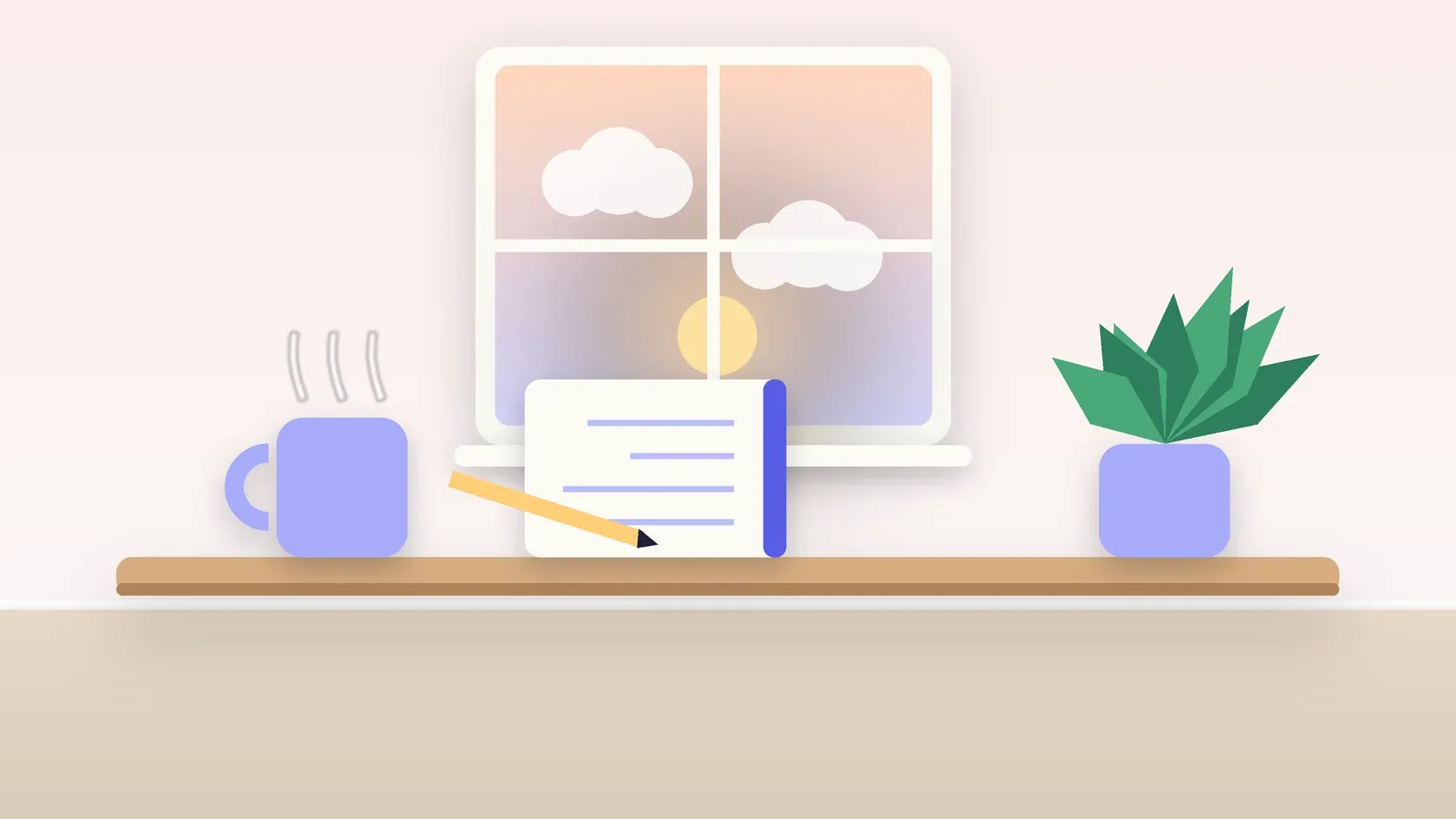 Illustration of morning light rising through a window above a desk with a plant, a notebook and a warm mug
