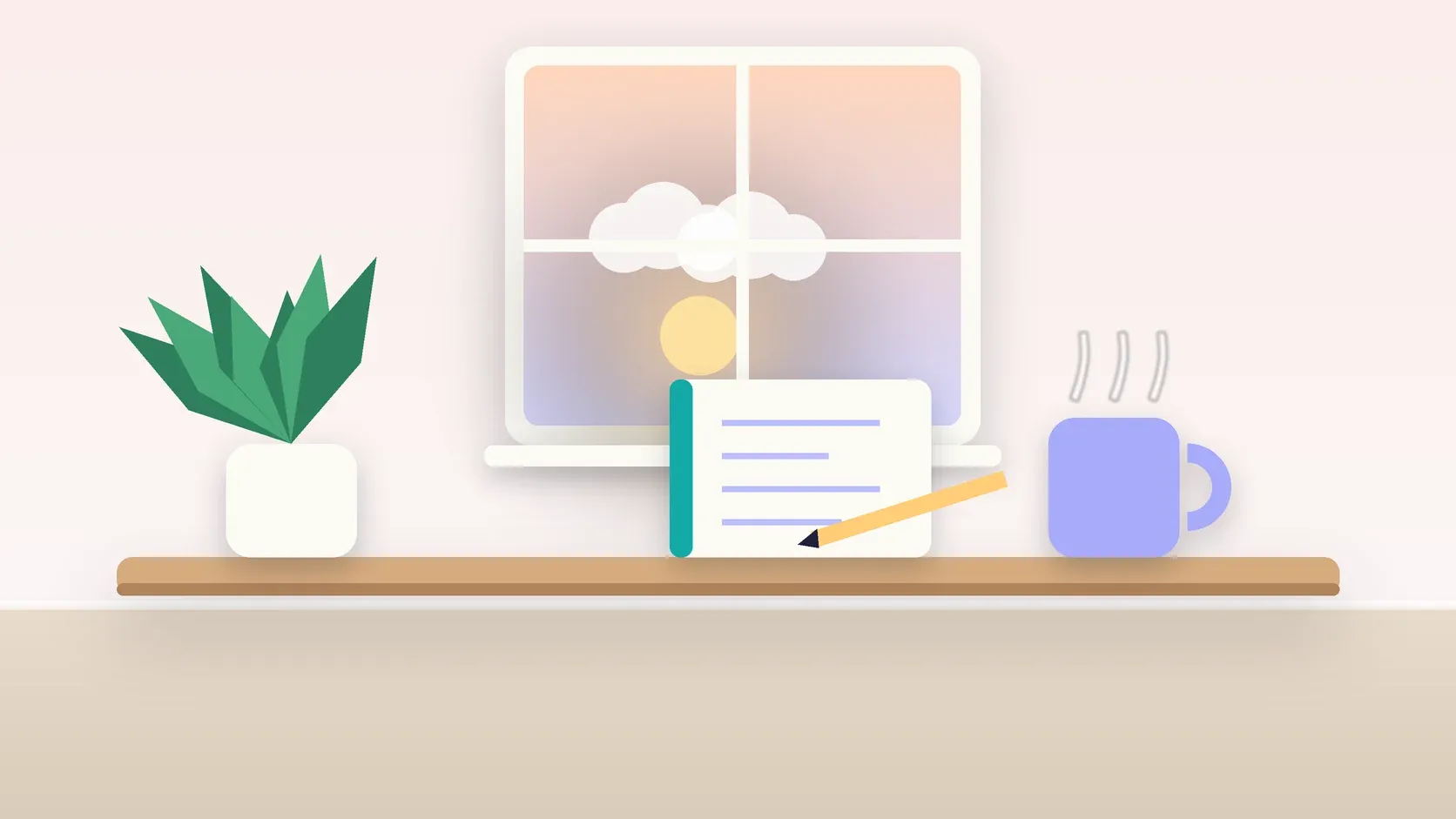 Illustration of morning light rising through a window above a desk with a plant, a notebook and a warm mug