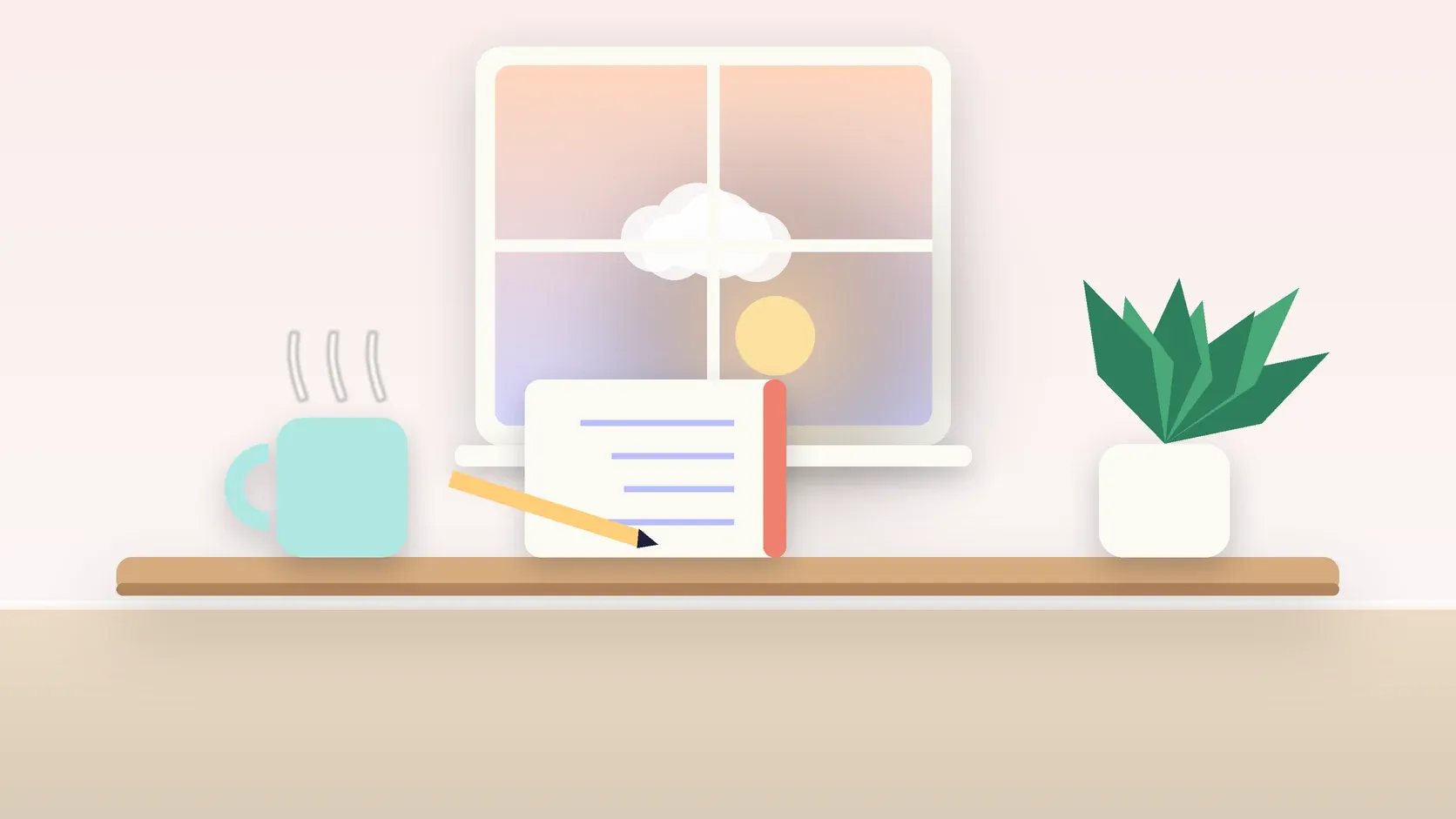 Illustration of morning light rising through a window above a desk with a plant, a notebook and a warm mug