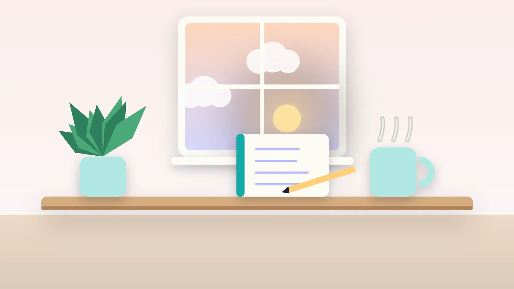 Illustration of morning light rising through a window above a desk with a plant, a notebook and a warm mug