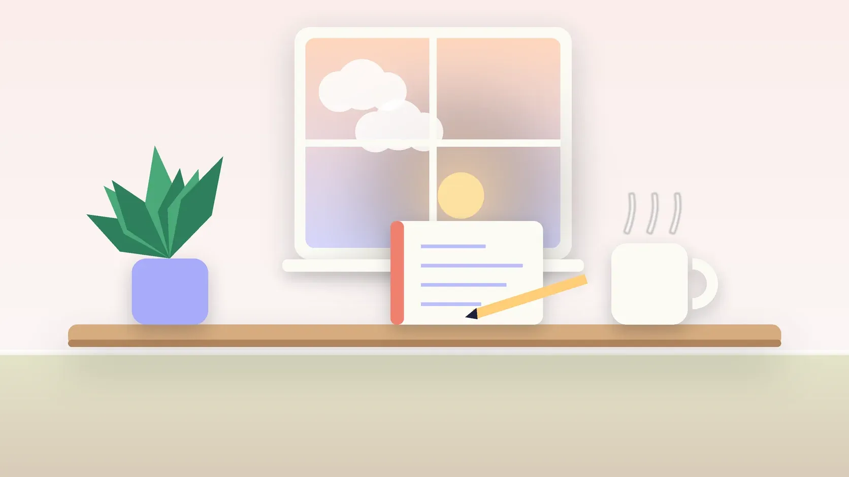 Illustration of morning light rising through a window above a desk with a plant, a notebook and a warm mug