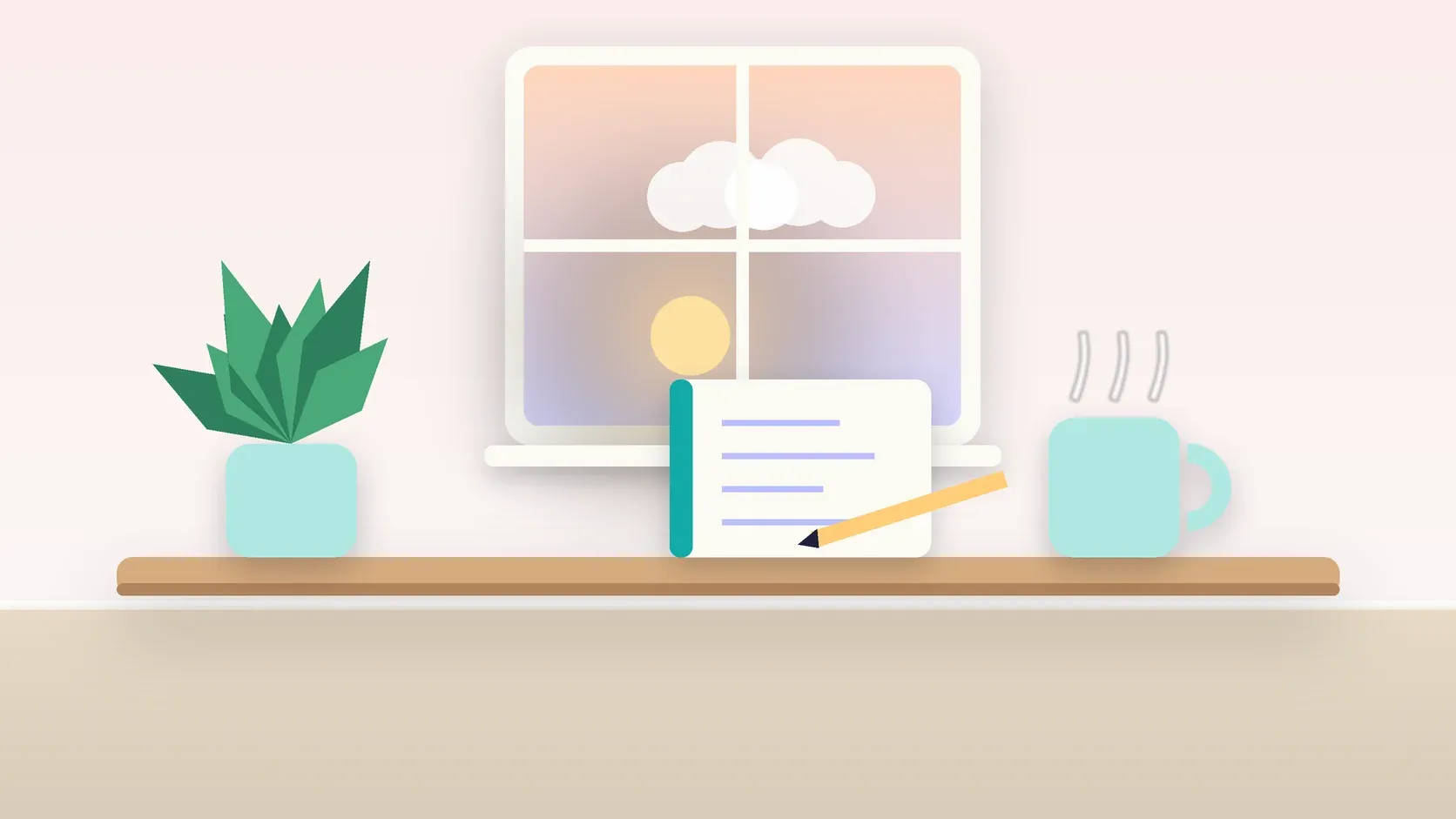 Illustration of morning light rising through a window above a desk with a plant, a notebook and a warm mug