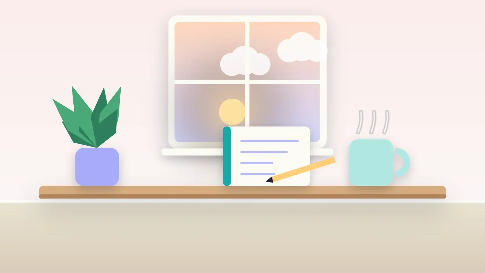 Illustration of morning light rising through a window above a desk with a plant, a notebook and a warm mug