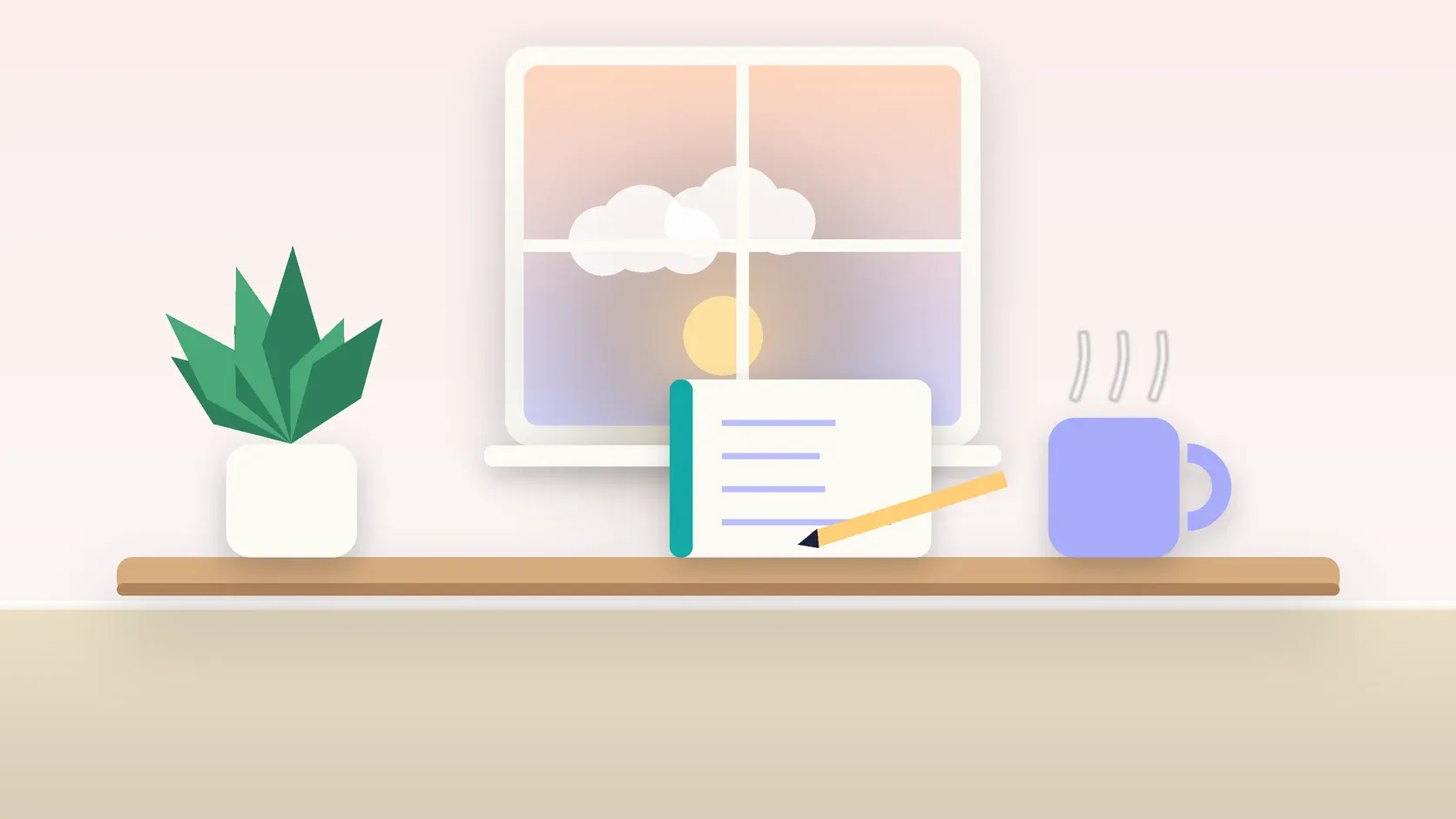 Illustration of morning light rising through a window above a desk with a plant, a notebook and a warm mug