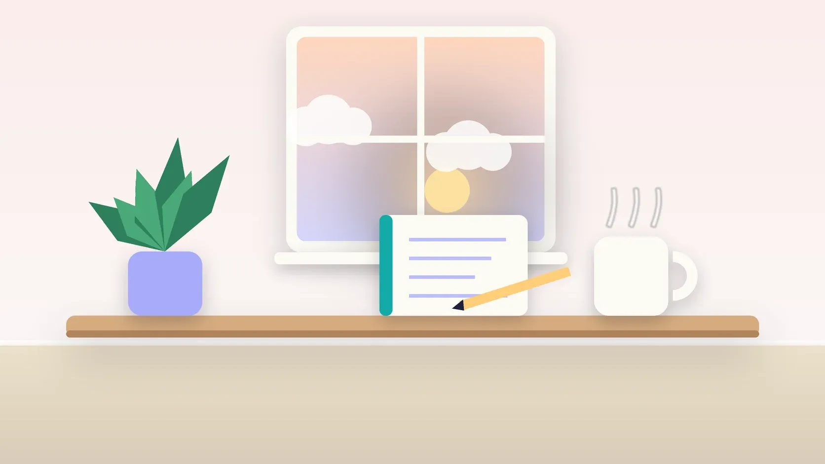 Illustration of morning light rising through a window above a desk with a plant, a notebook and a warm mug