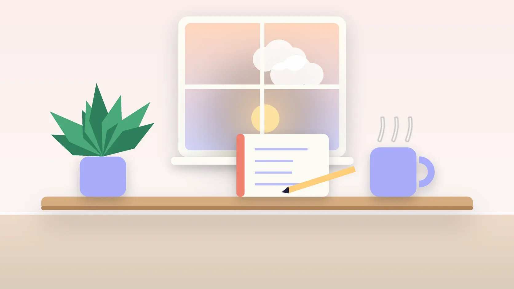 Illustration of morning light rising through a window above a desk with a plant, a notebook and a warm mug