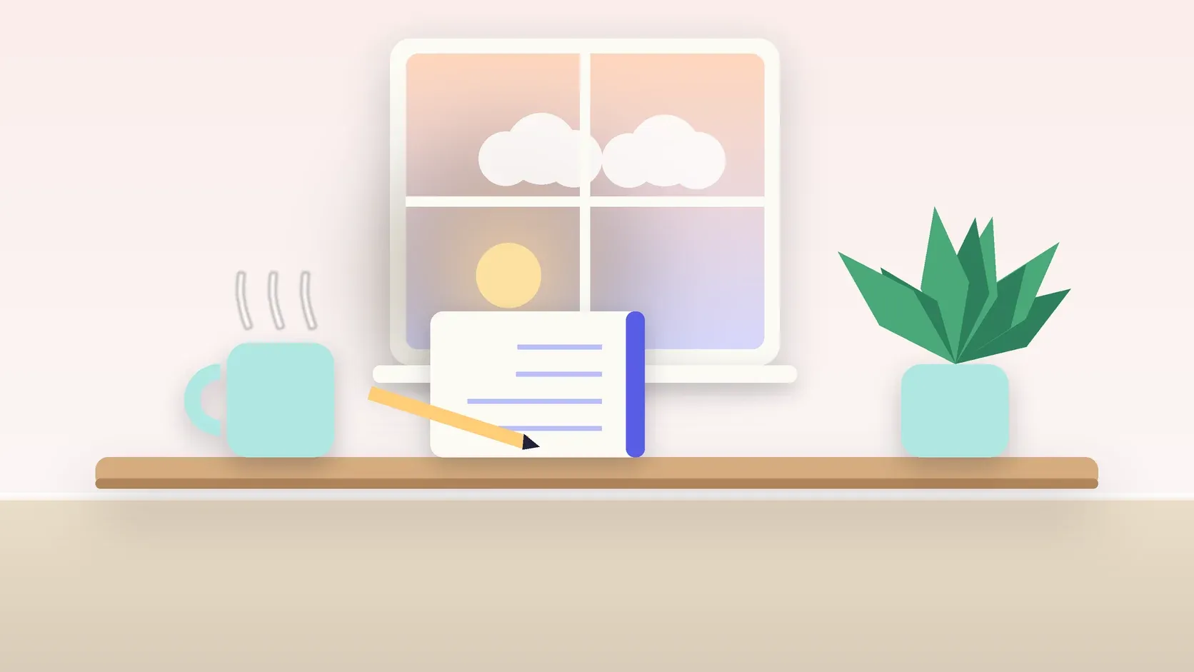 Illustration of morning light rising through a window above a desk with a plant, a notebook and a warm mug