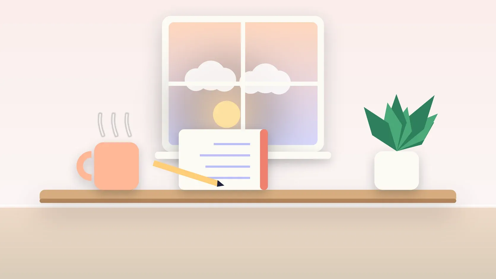 Illustration of morning light rising through a window above a desk with a plant, a notebook and a warm mug