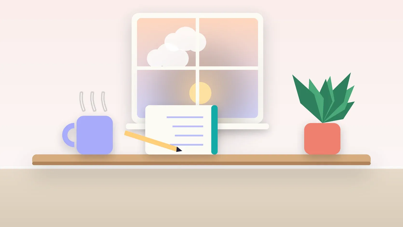 Illustration of morning light rising through a window above a desk with a plant, a notebook and a warm mug