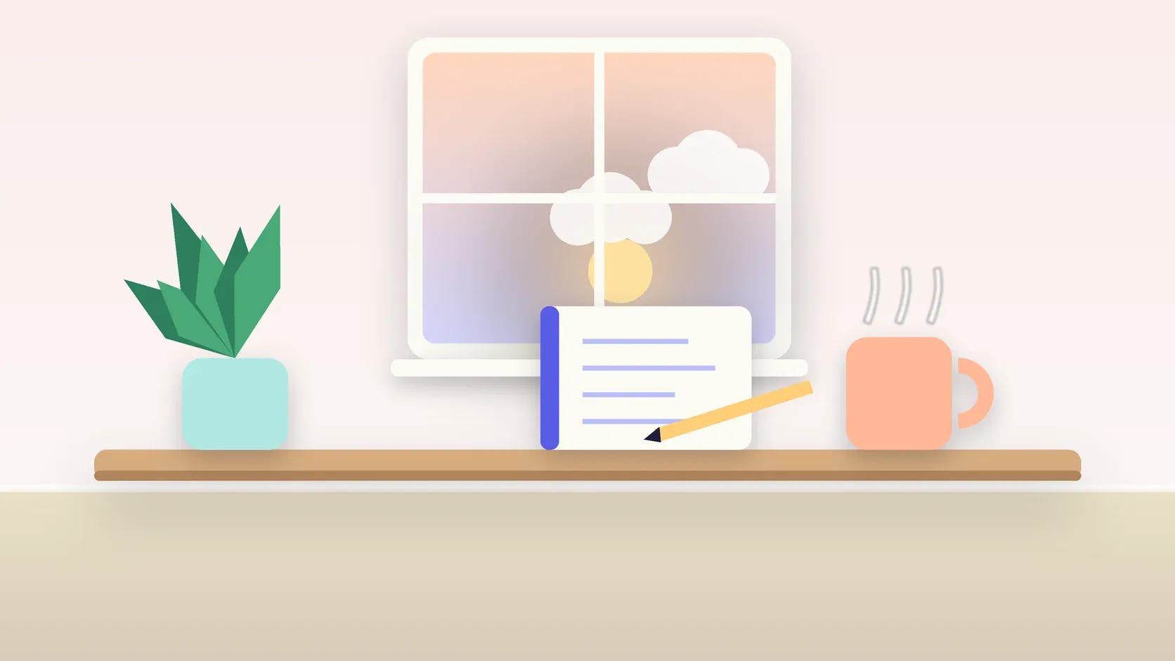 Illustration of morning light rising through a window above a desk with a plant, a notebook and a warm mug