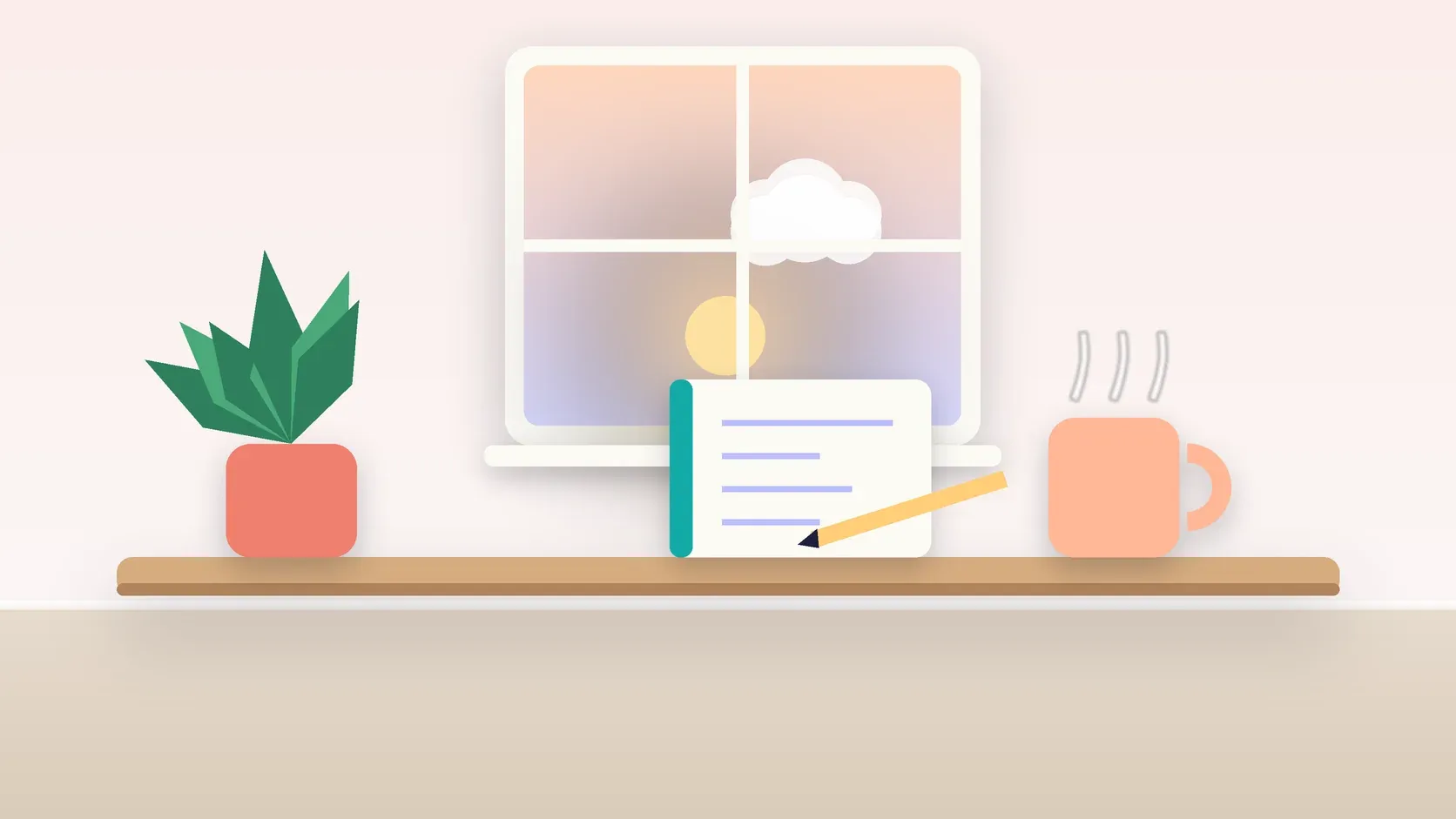 Illustration of morning light rising through a window above a desk with a plant, a notebook and a warm mug