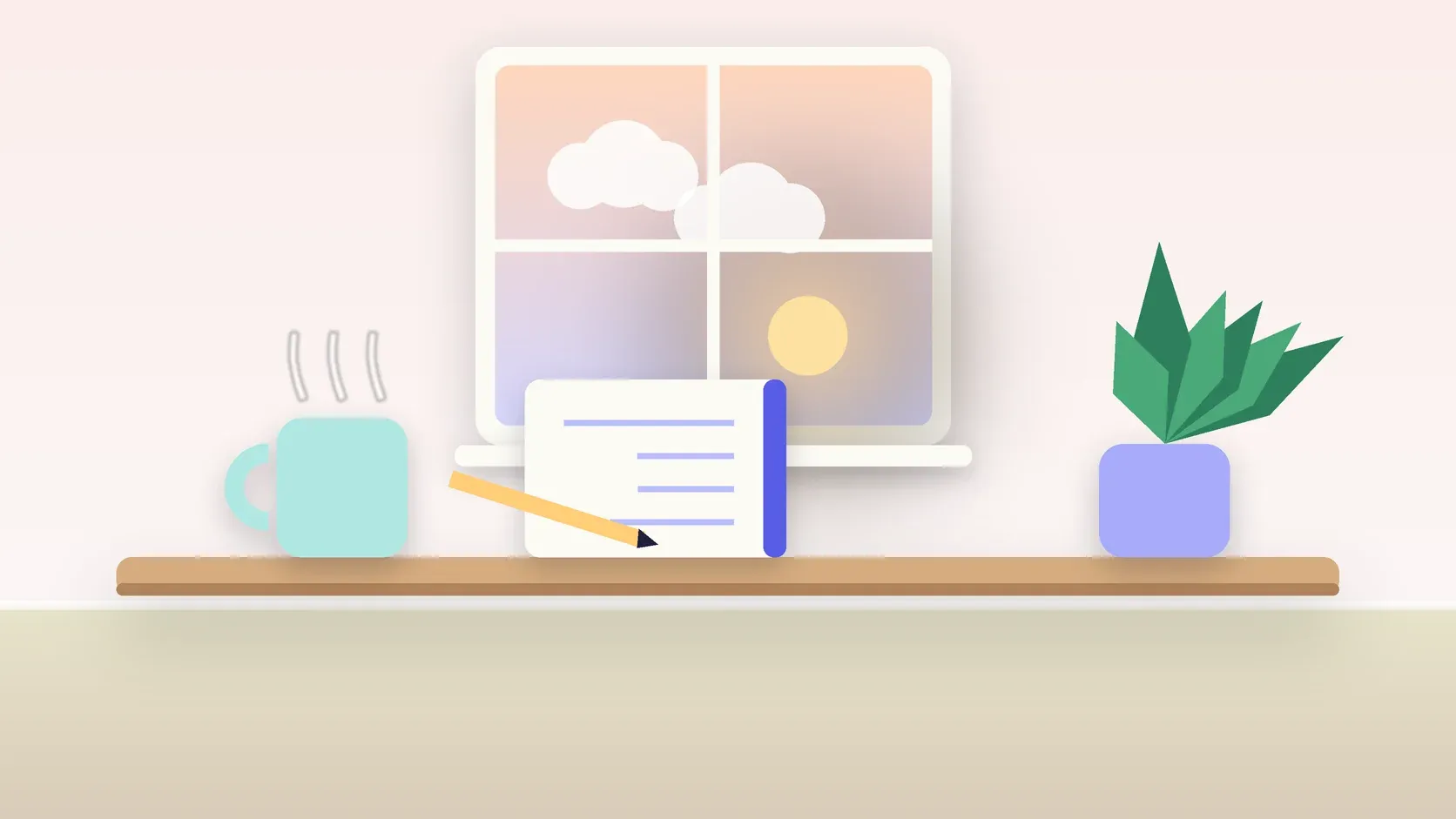 Illustration of morning light rising through a window above a desk with a plant, a notebook and a warm mug