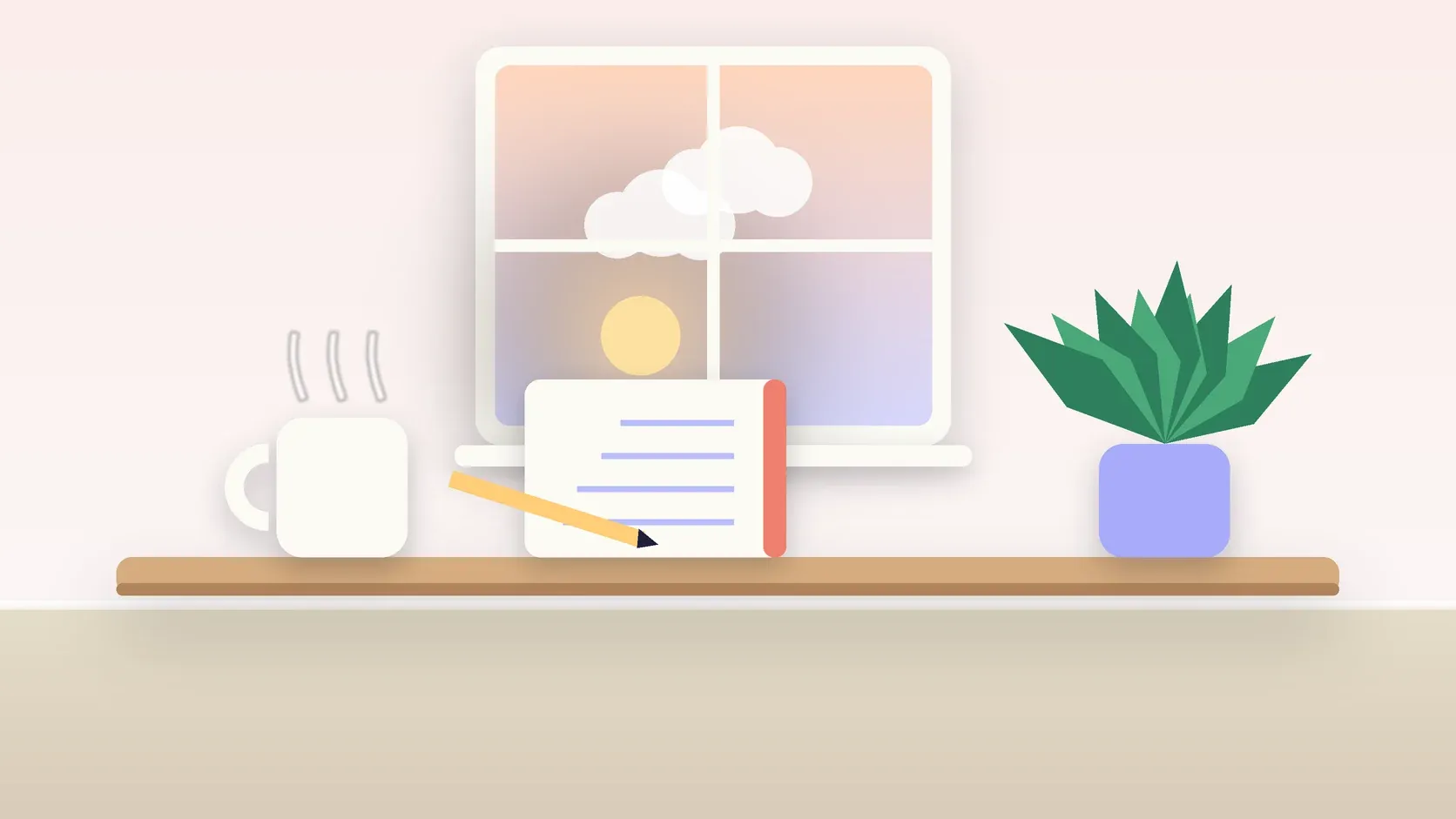 Illustration of morning light rising through a window above a desk with a plant, a notebook and a warm mug