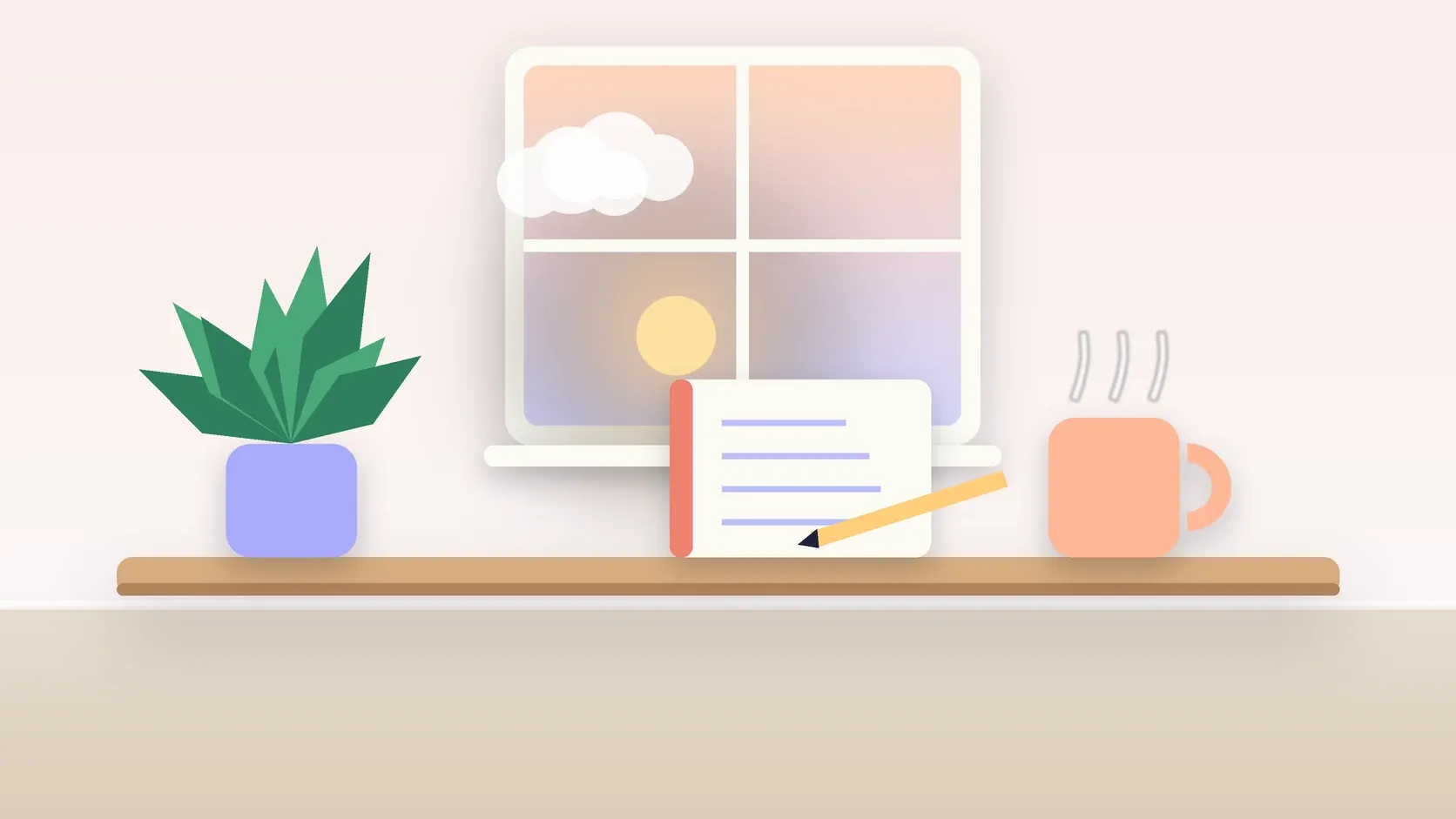 Illustration of morning light rising through a window above a desk with a plant, a notebook and a warm mug