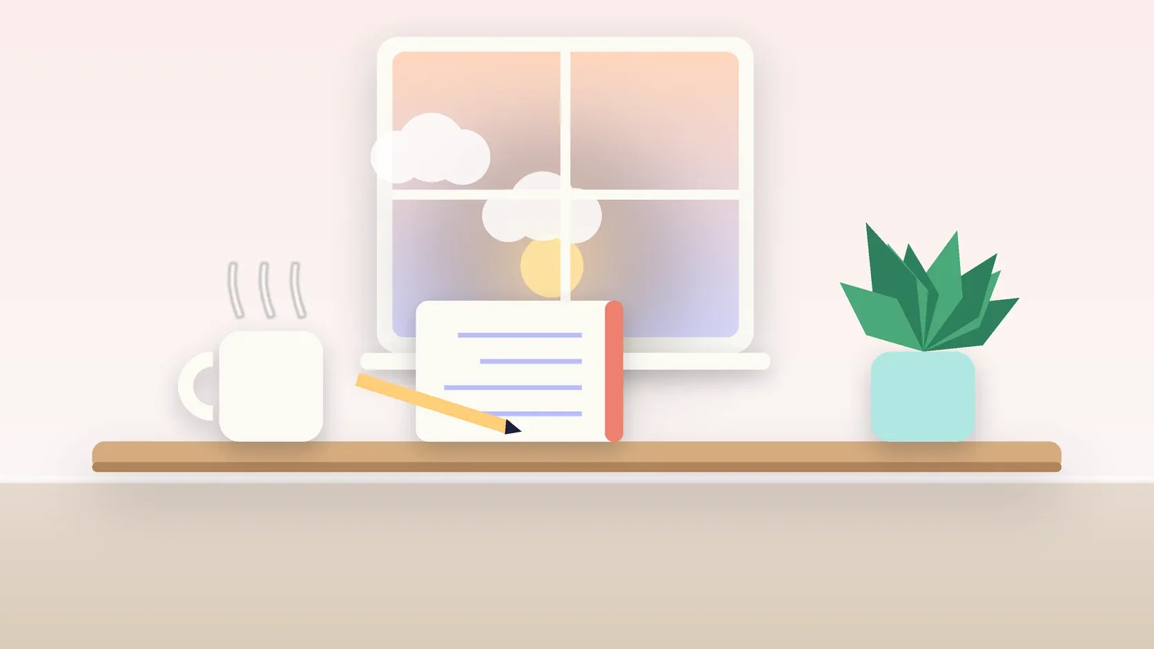 Illustration of morning light rising through a window above a desk with a plant, a notebook and a warm mug