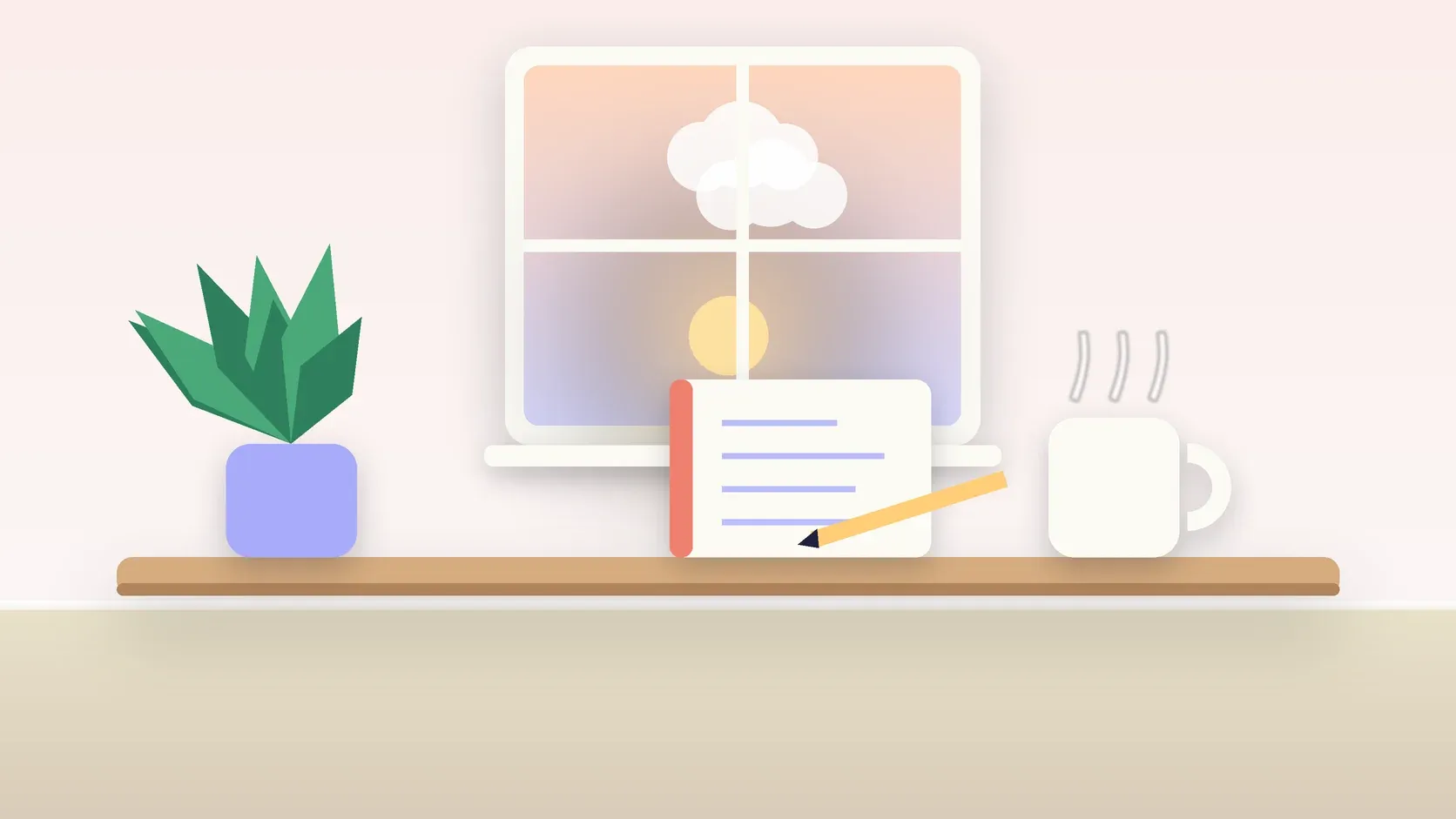 Illustration of morning light rising through a window above a desk with a plant, a notebook and a warm mug