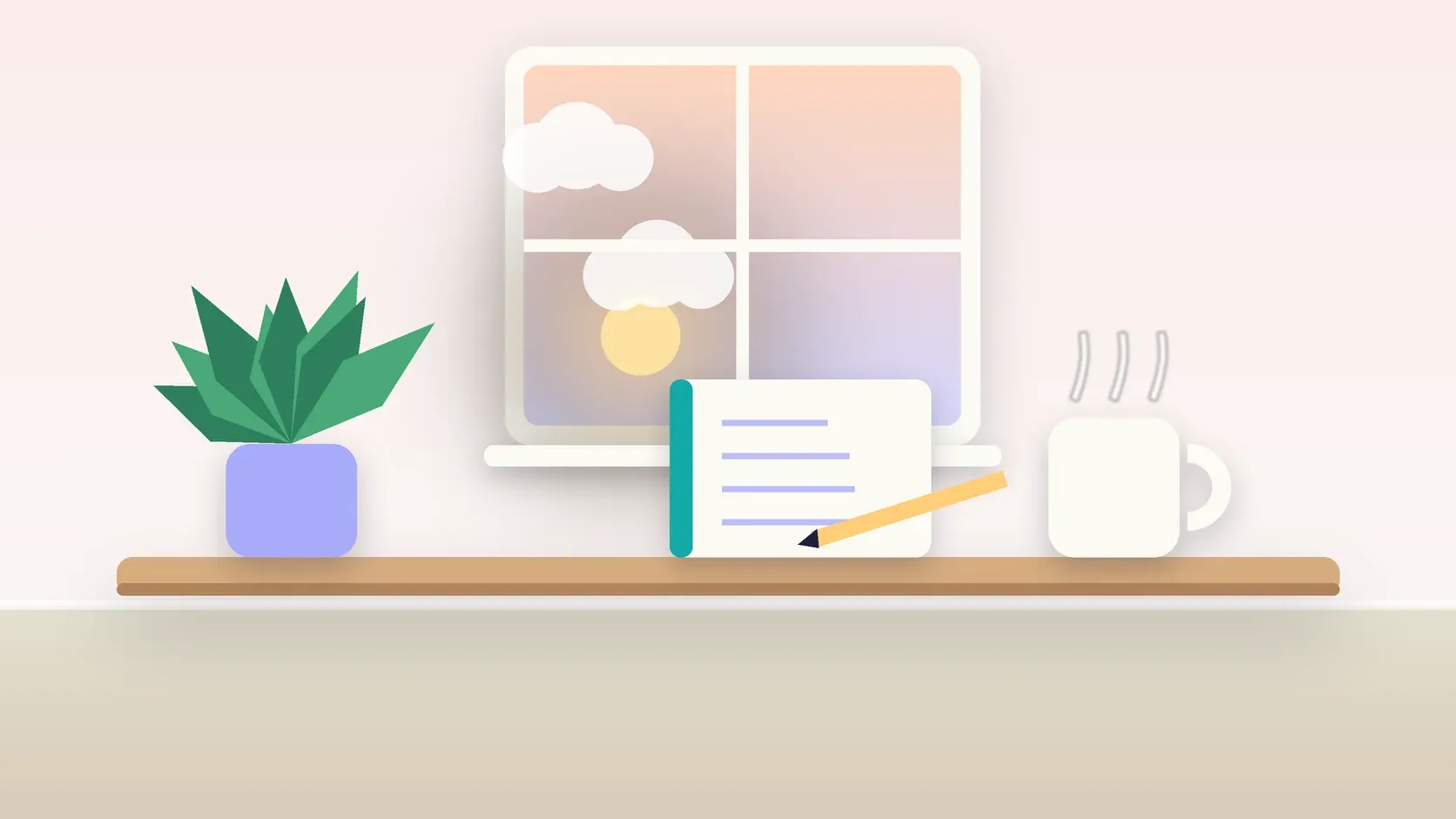 Illustration of morning light rising through a window above a desk with a plant, a notebook and a warm mug