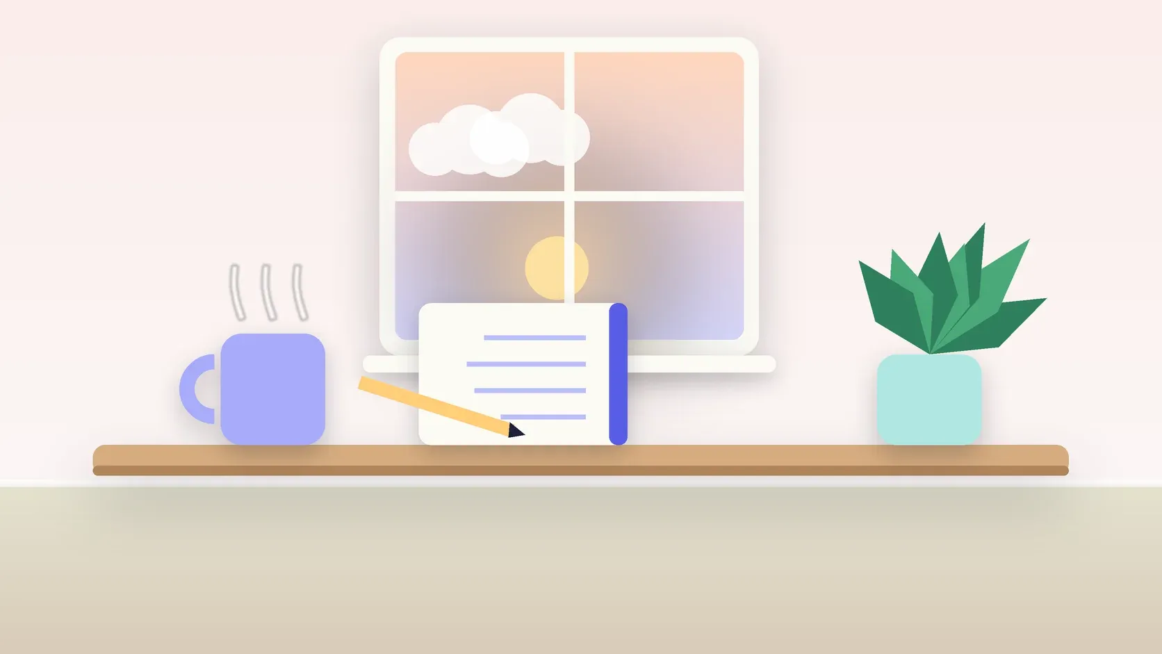 Illustration of morning light rising through a window above a desk with a plant, a notebook and a warm mug