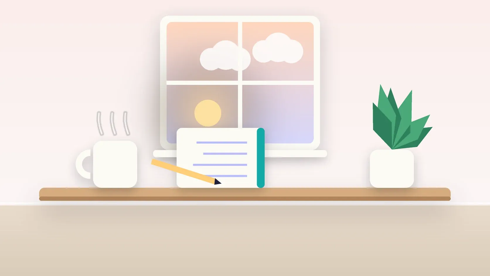 Illustration of morning light rising through a window above a desk with a plant, a notebook and a warm mug