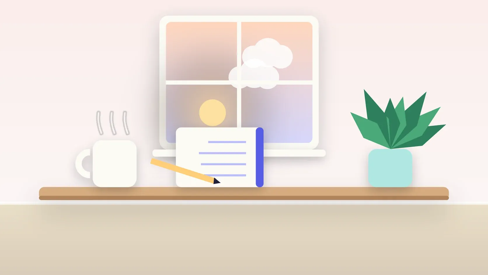 Illustration of morning light rising through a window above a desk with a plant, a notebook and a warm mug