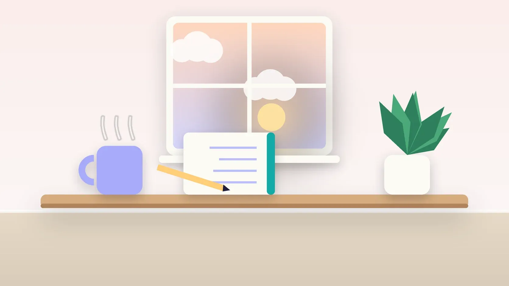 Illustration of morning light rising through a window above a desk with a plant, a notebook and a warm mug