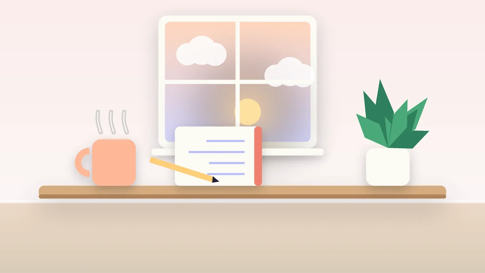 Illustration of morning light rising through a window above a desk with a plant, a notebook and a warm mug
