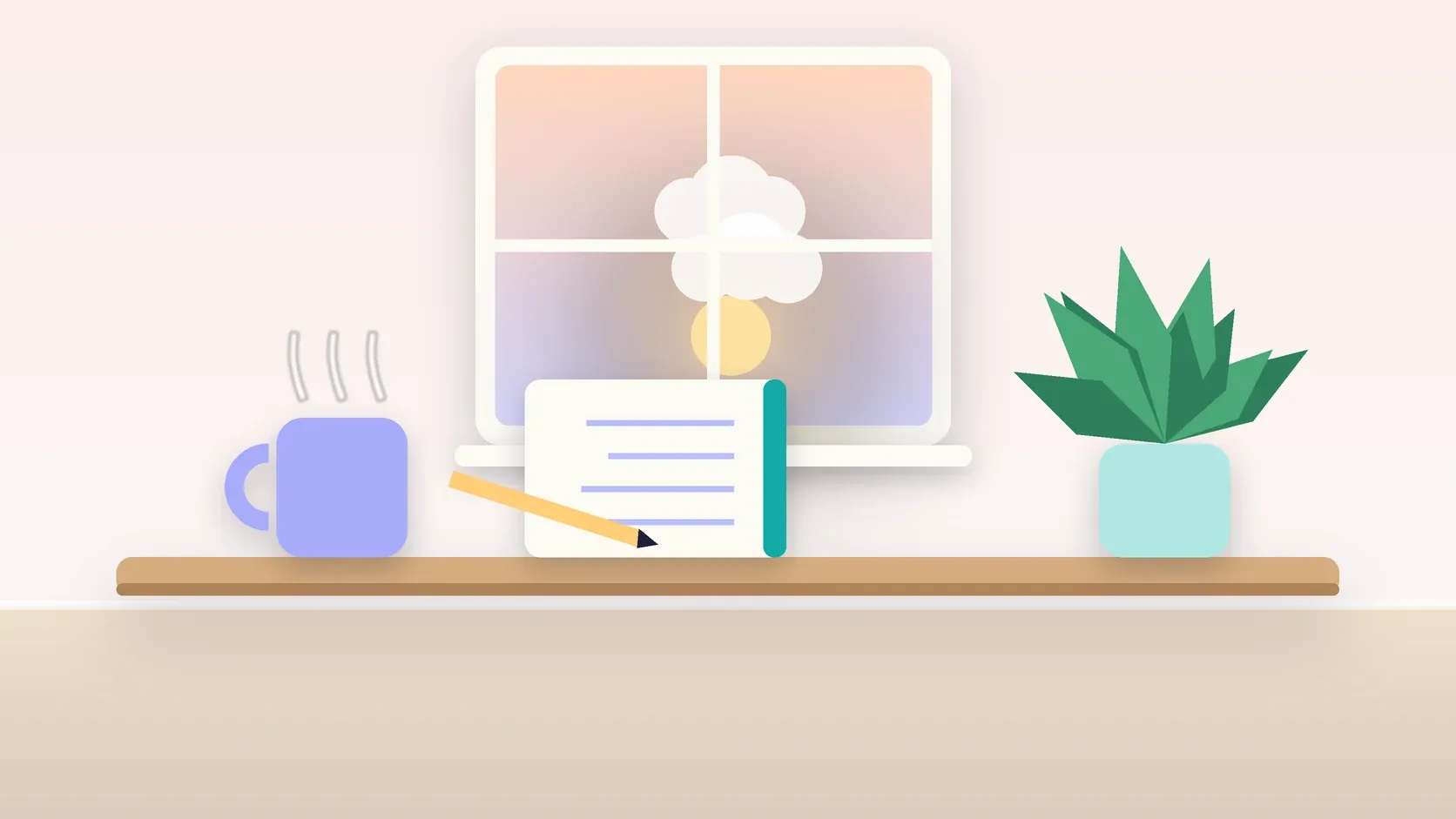 Illustration of morning light rising through a window above a desk with a plant, a notebook and a warm mug