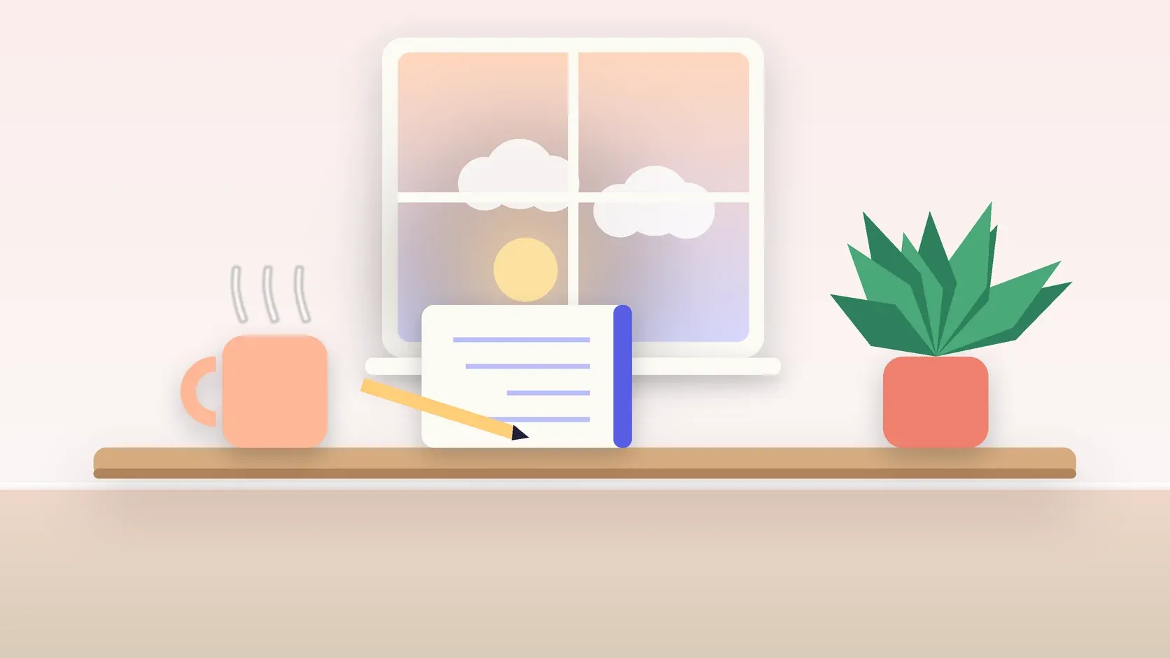 Illustration of morning light rising through a window above a desk with a plant, a notebook and a warm mug