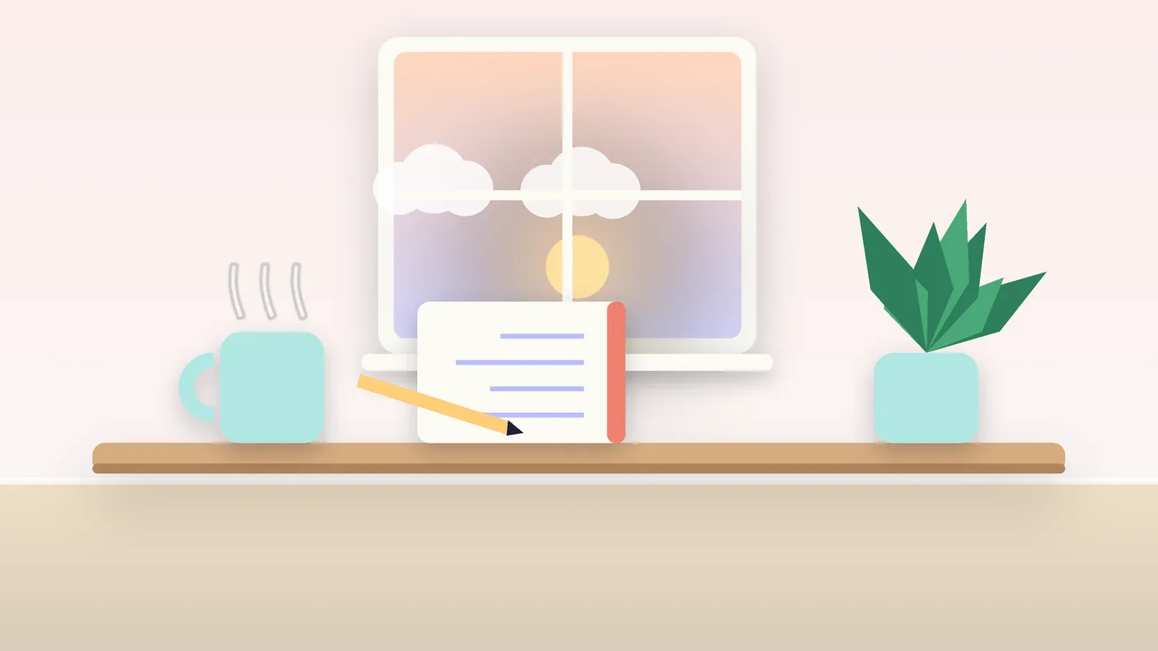 Illustration of morning light rising through a window above a desk with a plant, a notebook and a warm mug