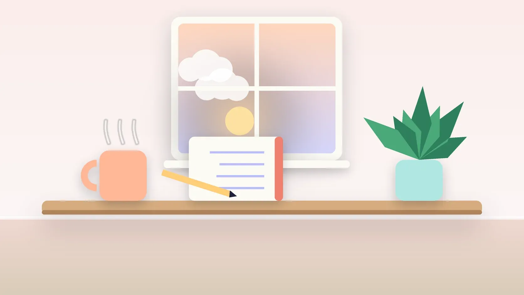 Illustration of morning light rising through a window above a desk with a plant, a notebook and a warm mug