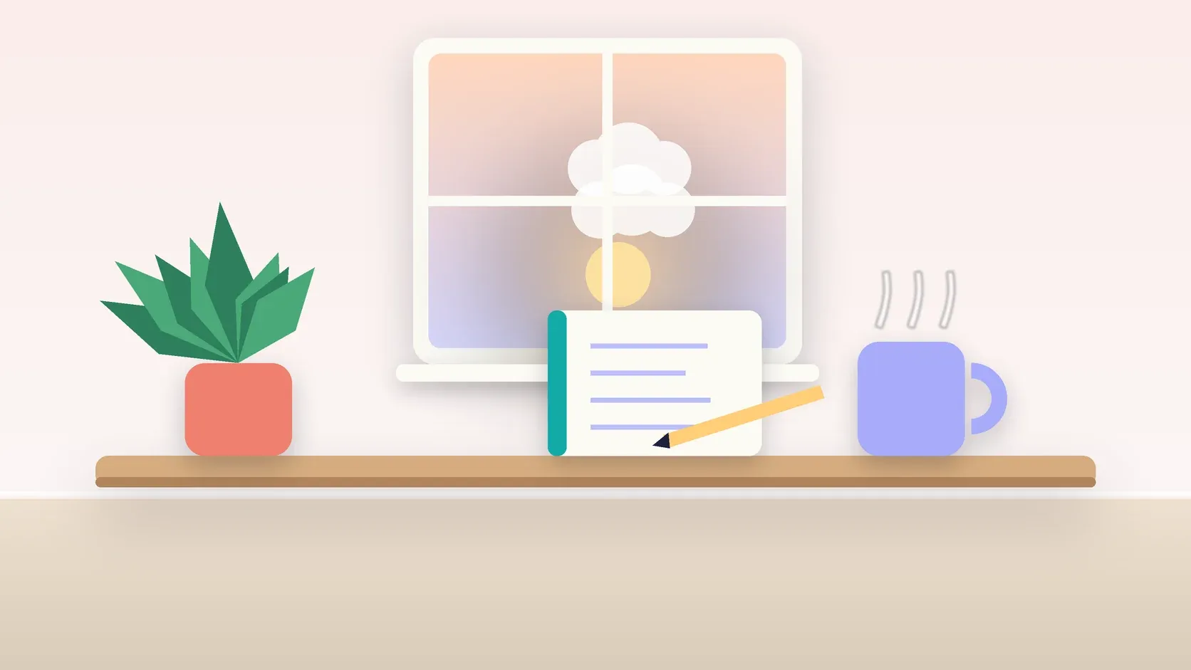 Illustration of morning light rising through a window above a desk with a plant, a notebook and a warm mug