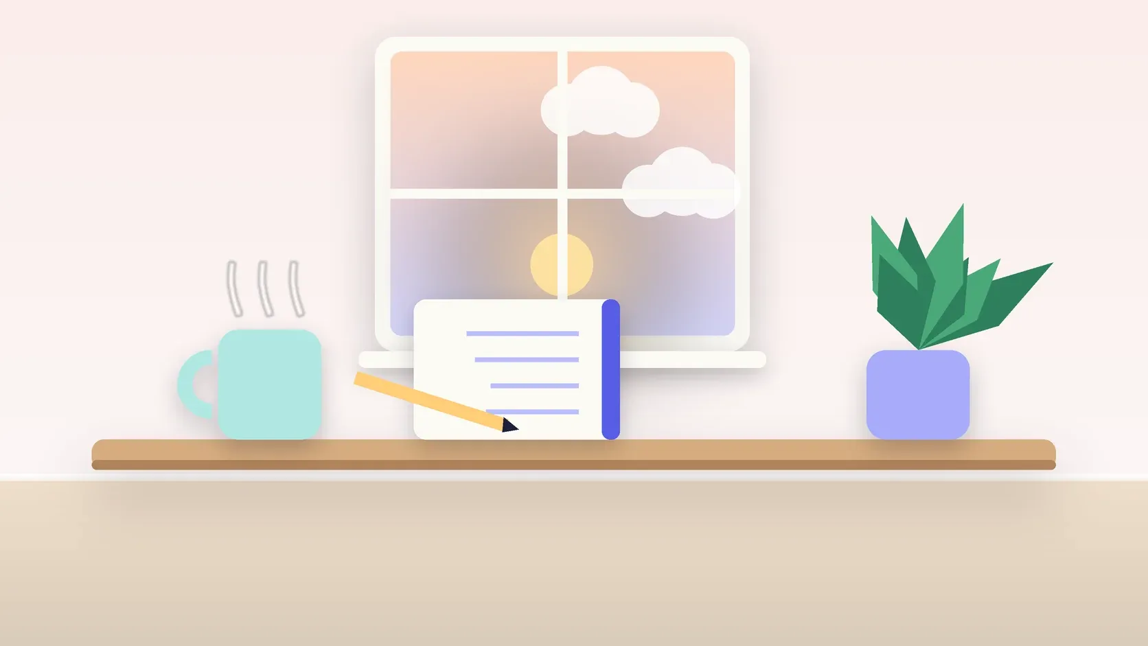 Illustration of morning light rising through a window above a desk with a plant, a notebook and a warm mug