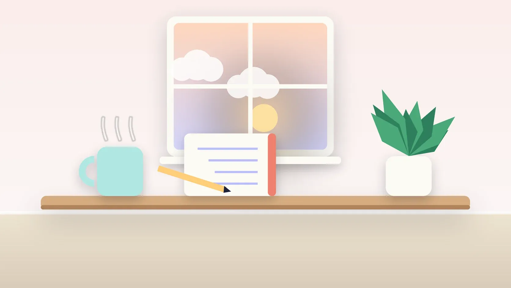 Illustration of morning light rising through a window above a desk with a plant, a notebook and a warm mug