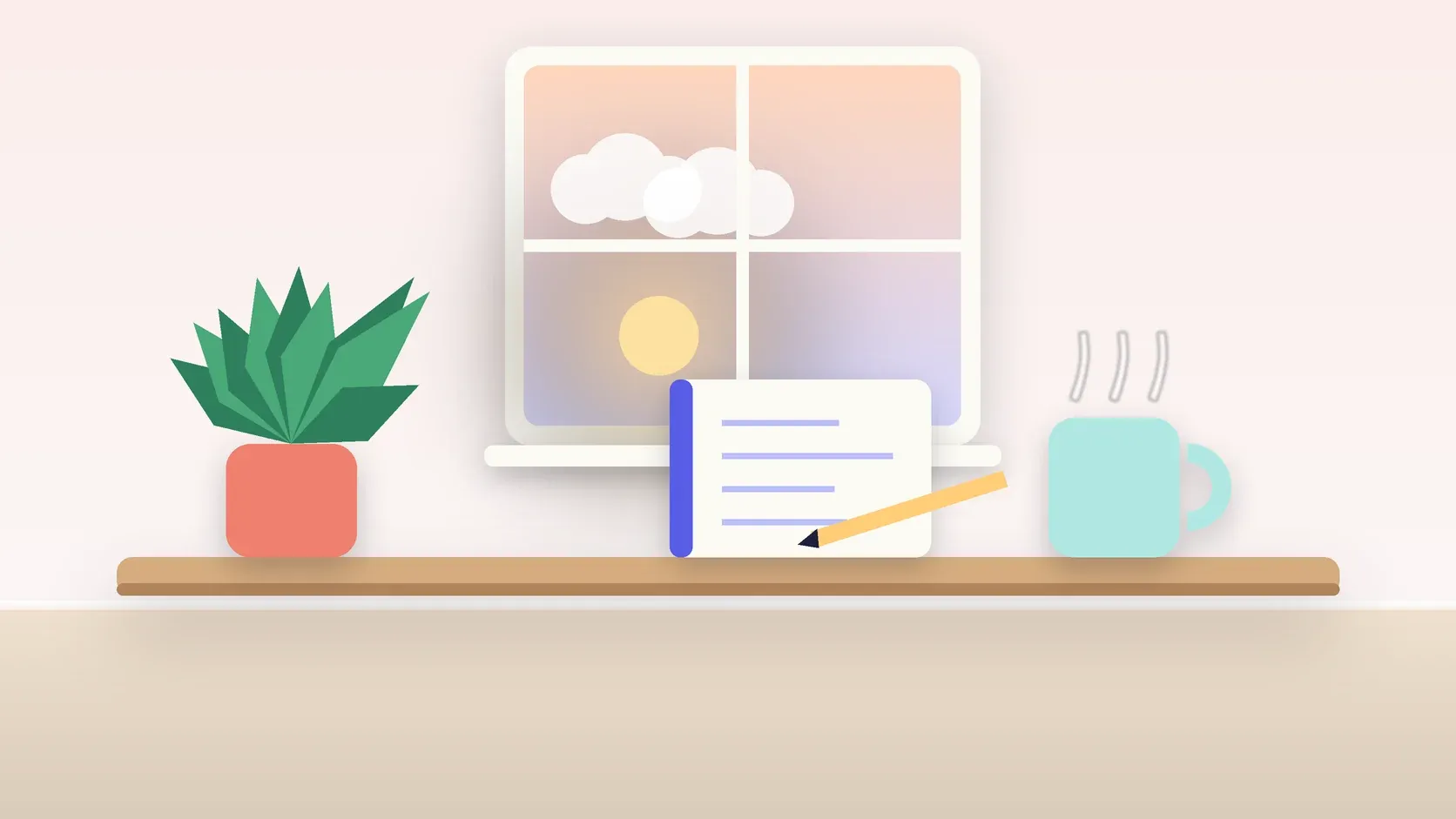 Illustration of morning light rising through a window above a desk with a plant, a notebook and a warm mug
