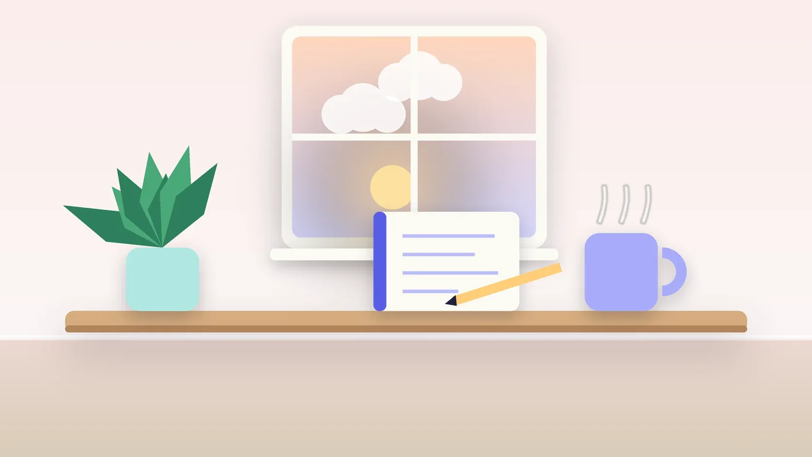 Illustration of morning light rising through a window above a desk with a plant, a notebook and a warm mug