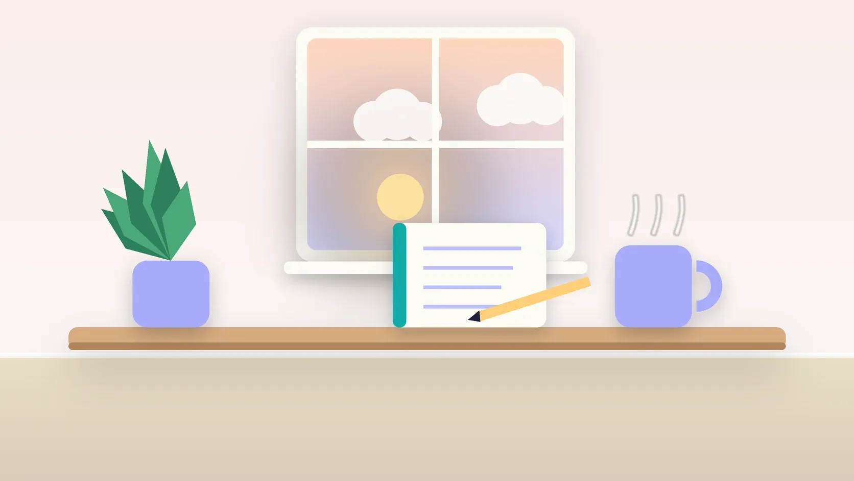 Illustration of morning light rising through a window above a desk with a plant, a notebook and a warm mug
