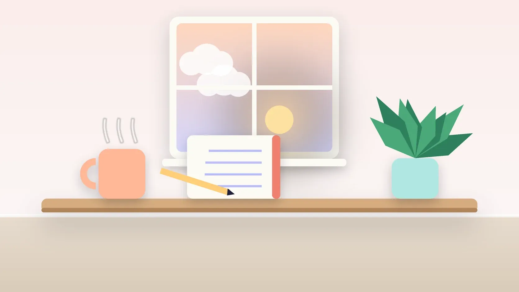 Illustration of morning light rising through a window above a desk with a plant, a notebook and a warm mug