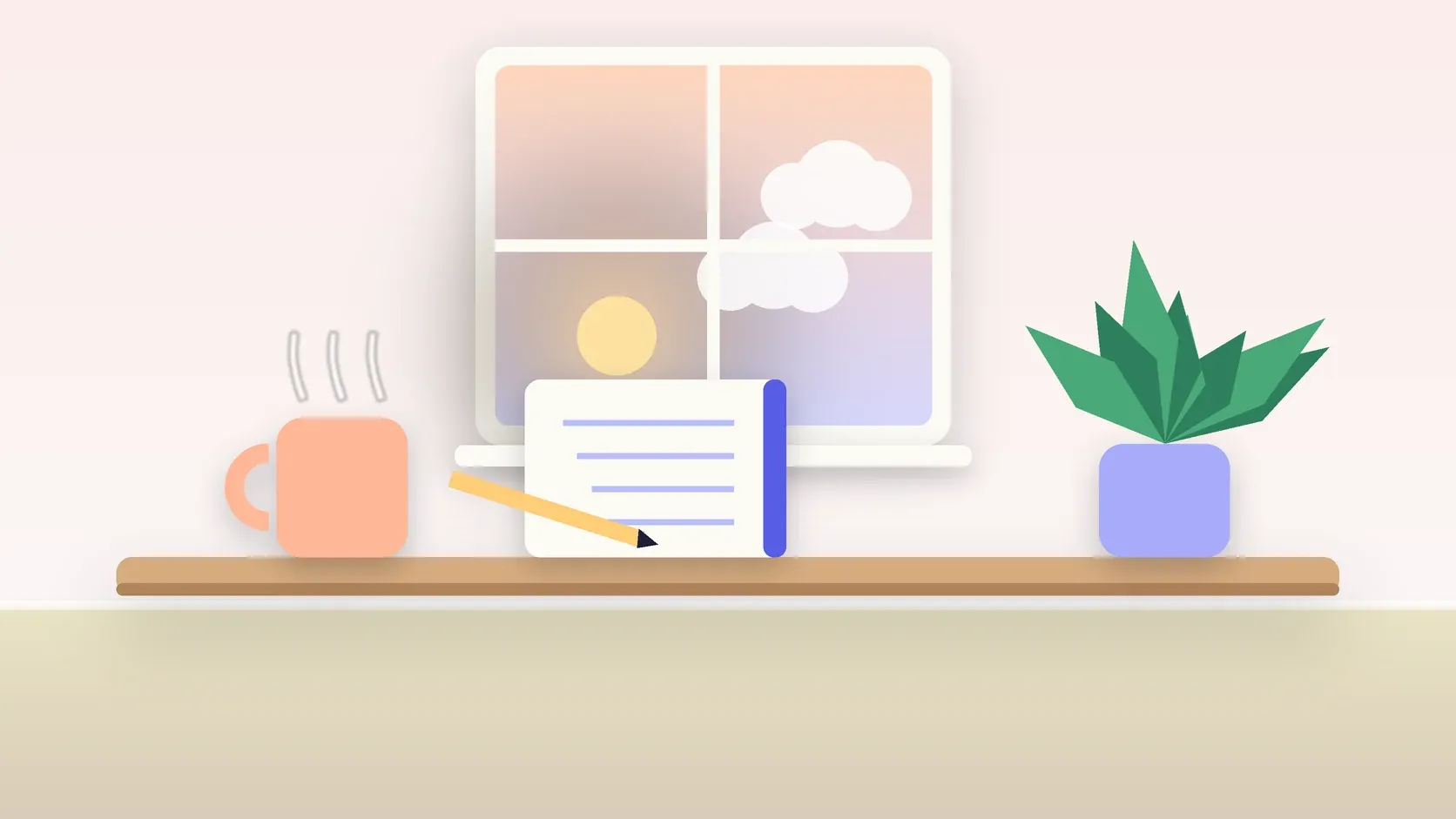 Illustration of morning light rising through a window above a desk with a plant, a notebook and a warm mug