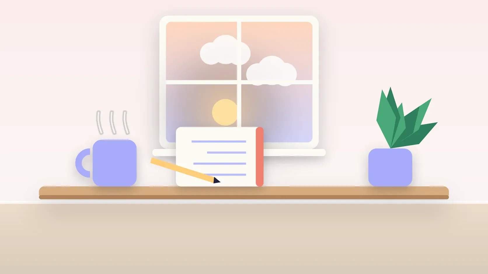 Illustration of morning light rising through a window above a desk with a plant, a notebook and a warm mug