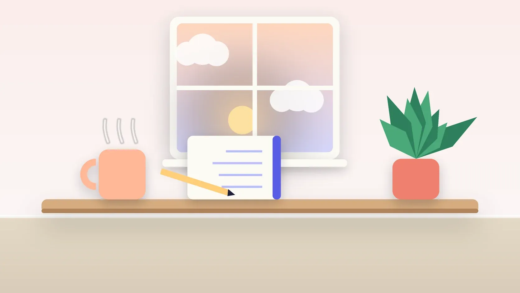 Illustration of morning light rising through a window above a desk with a plant, a notebook and a warm mug