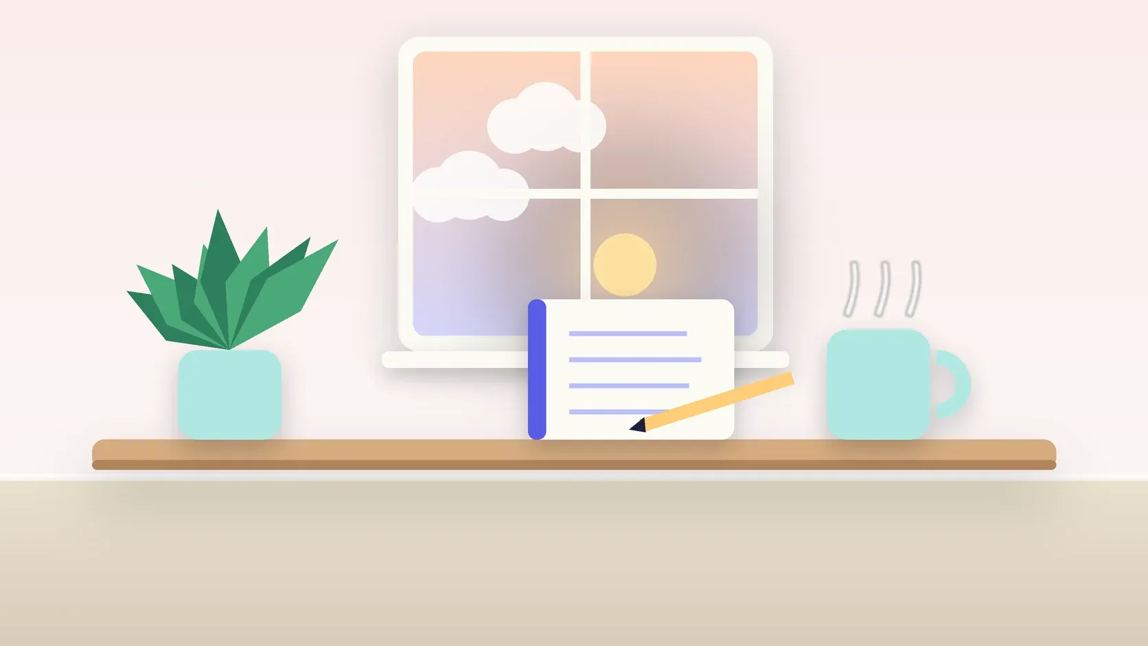 Illustration of morning light rising through a window above a desk with a plant, a notebook and a warm mug