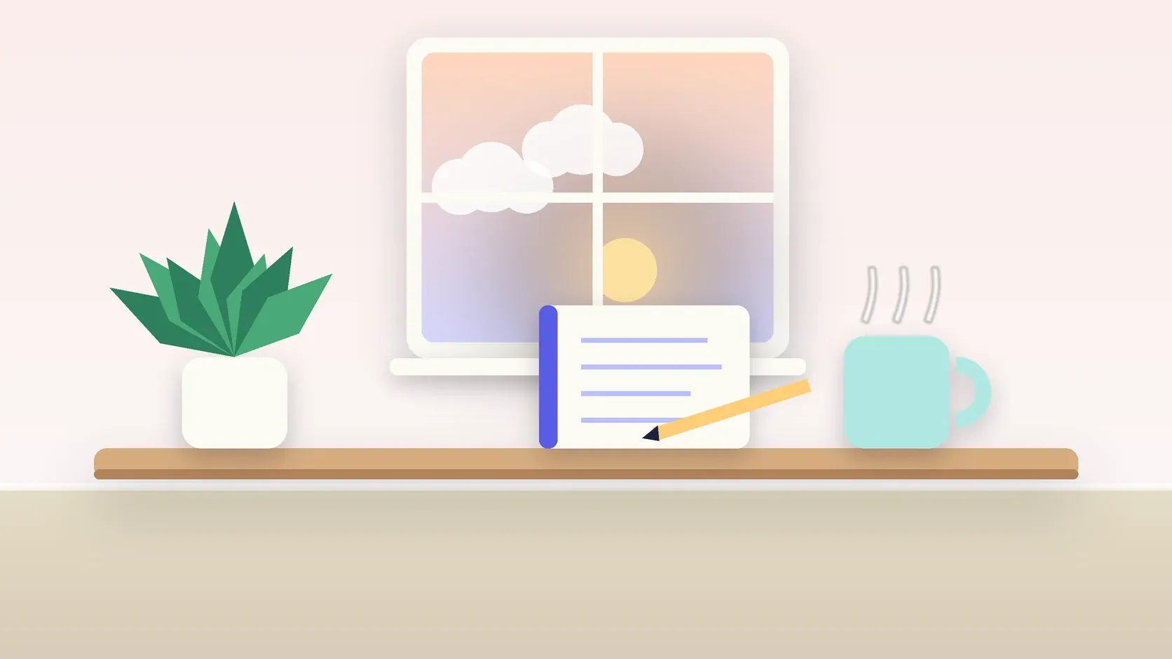 Illustration of morning light rising through a window above a desk with a plant, a notebook and a warm mug