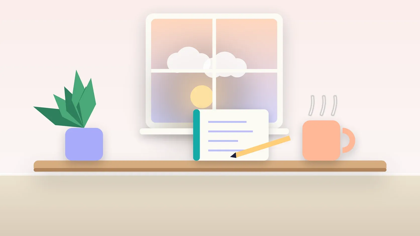 Illustration of morning light rising through a window above a desk with a plant, a notebook and a warm mug