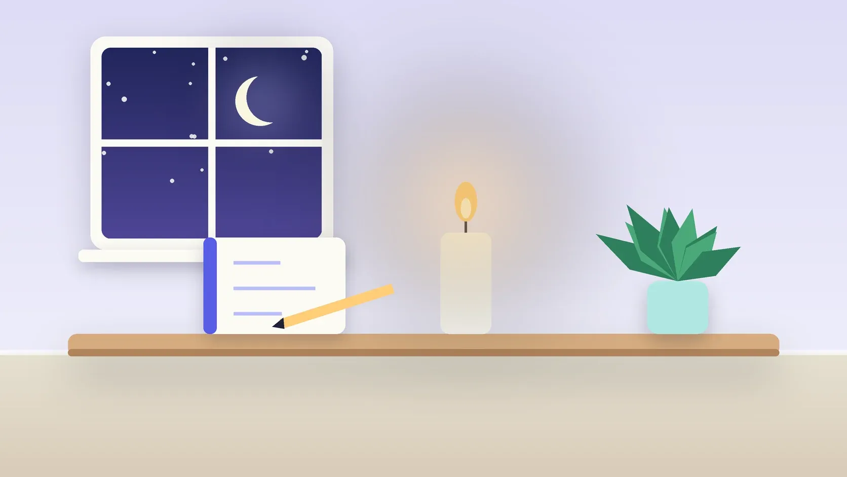 Illustration of a lit candle on a table at night beside a plant and a notebook, with stars in the window
