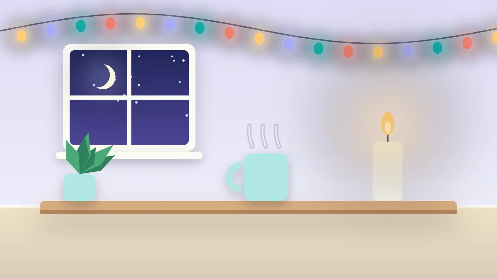Illustration of string lights over a cozy table with a candle, a mug and a plant on a winter evening