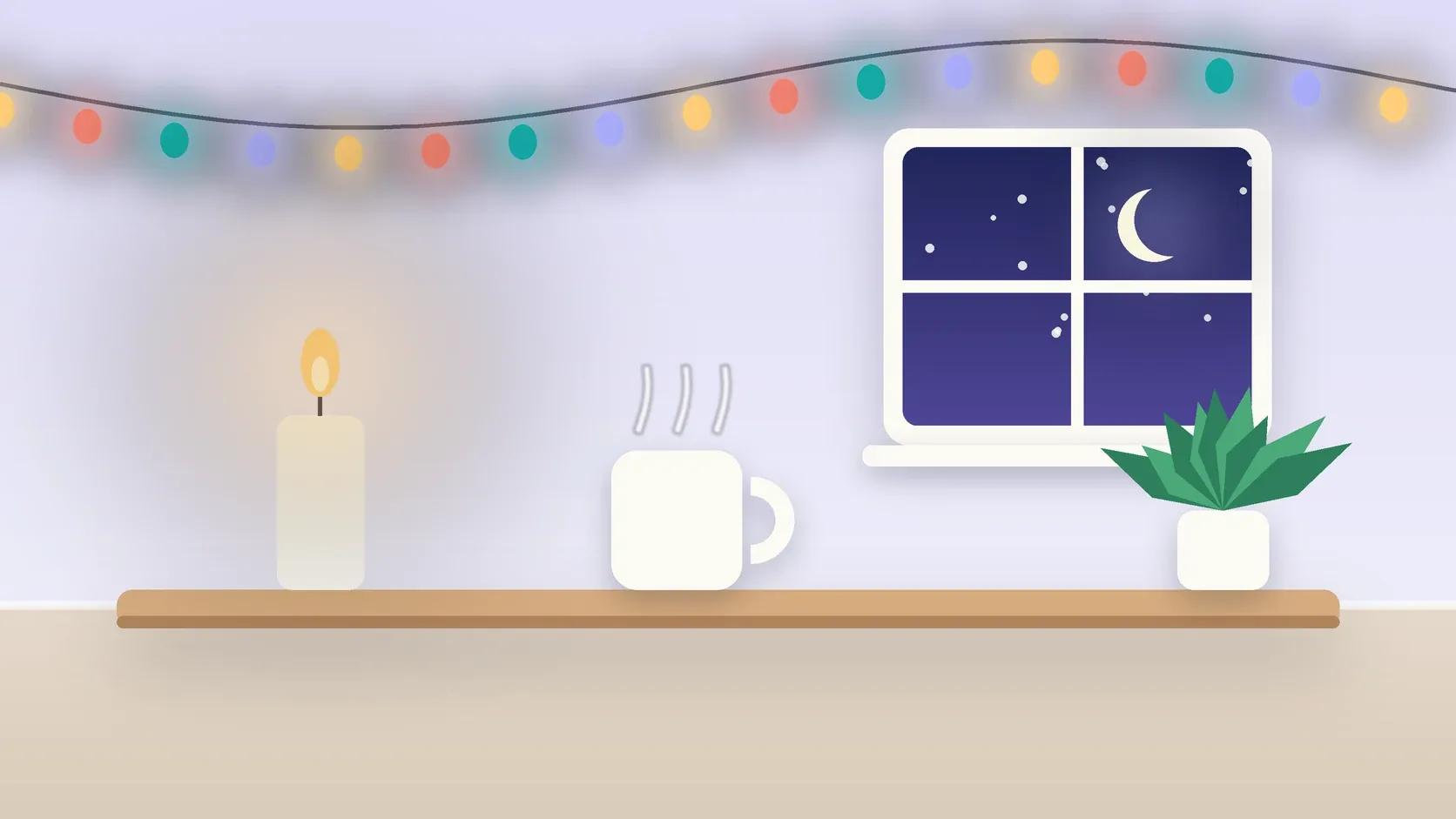 Illustration of string lights over a cozy table with a candle, a mug and a plant on a winter evening