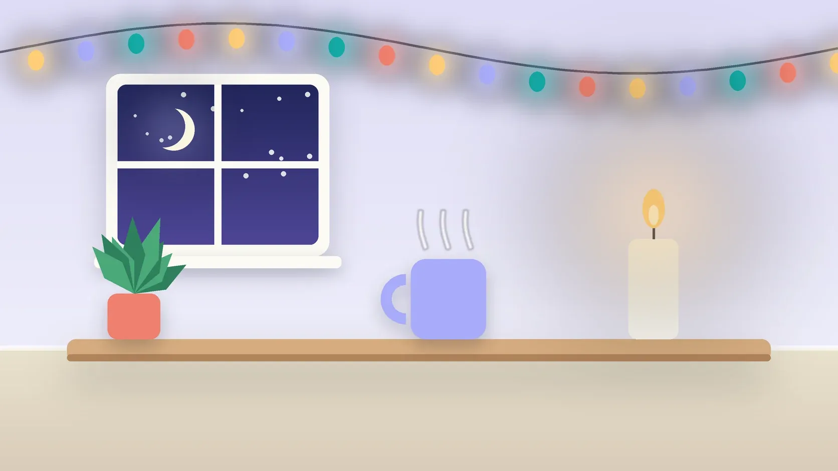 Illustration of string lights over a cozy table with a candle, a mug and a plant on a winter evening