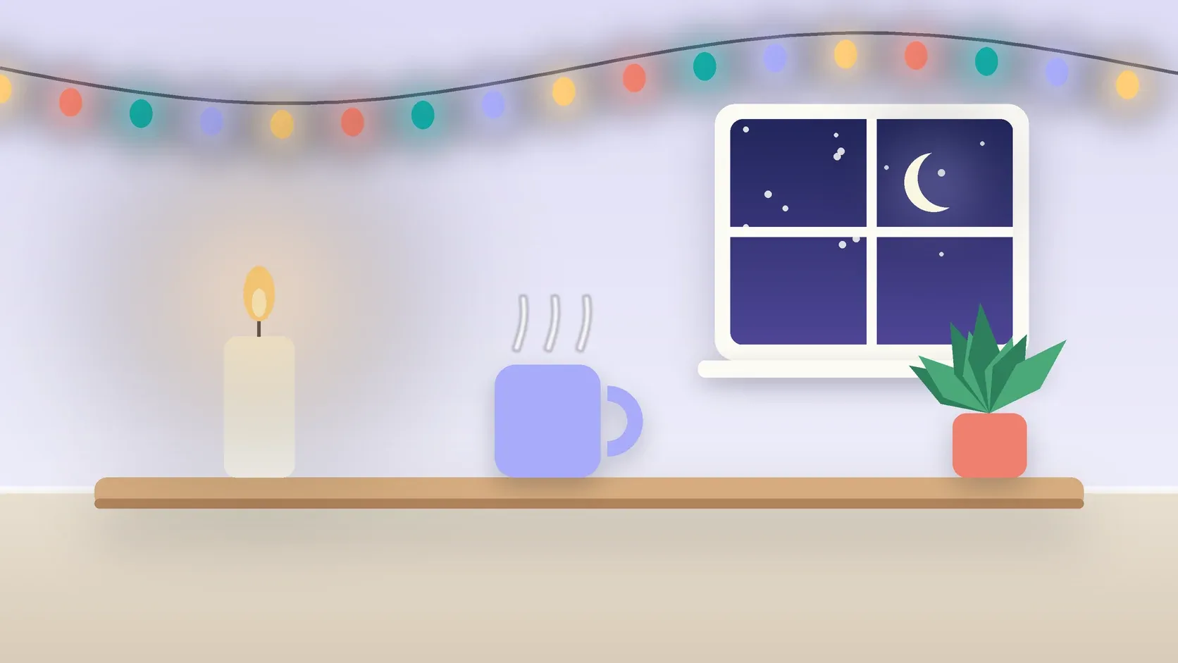 Illustration of string lights over a cozy table with a candle, a mug and a plant on a winter evening